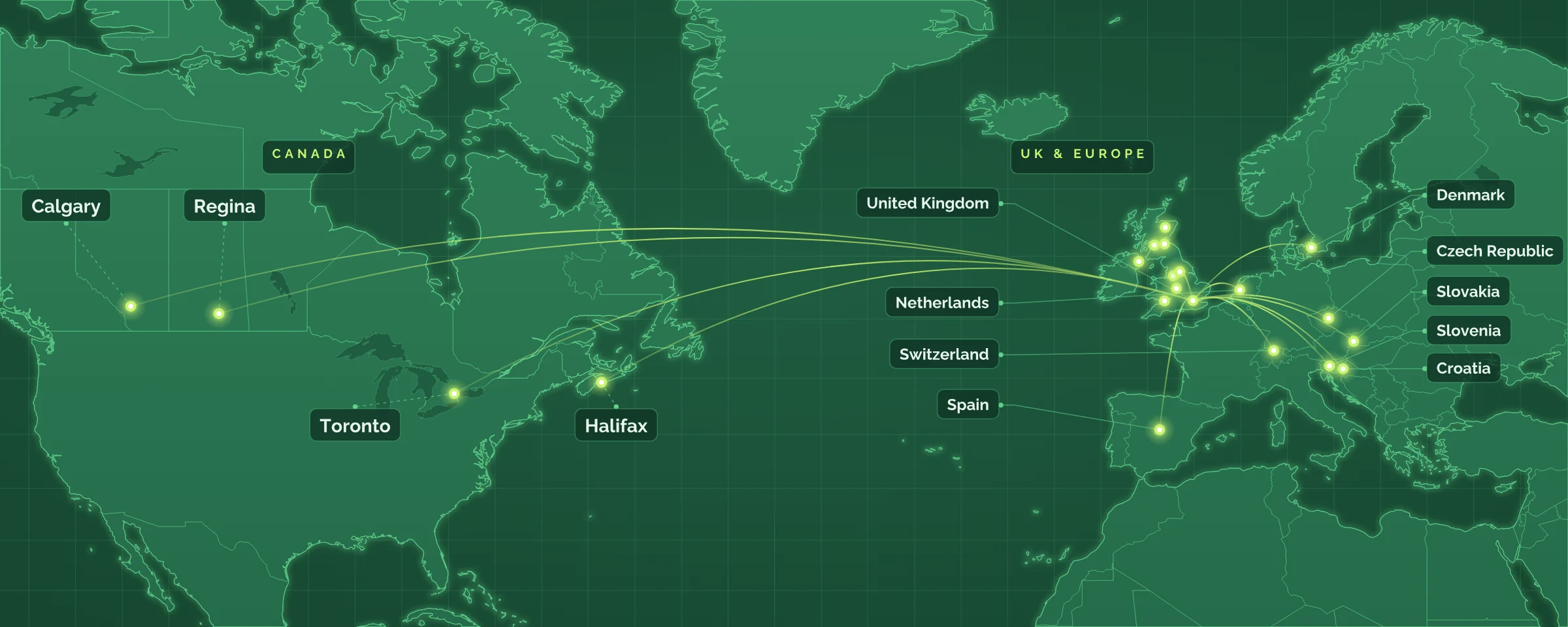 Map of Figtree Systems client locations: Calgary, Regina, Toronto and Halifax in Canada; clients across the United Kingdom; and the Netherlands, Denmark, Czech Republic, Slovakia, Switzerland, Slovenia, Croatia and Spain in Europe