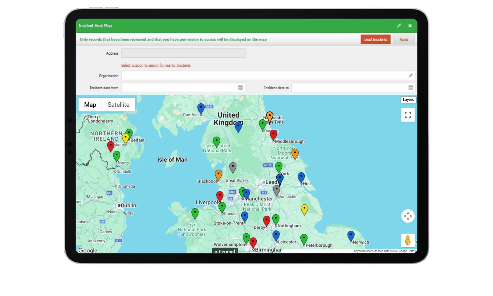Figtree Systems incident heat map showing incident locations across the UK on a tablet